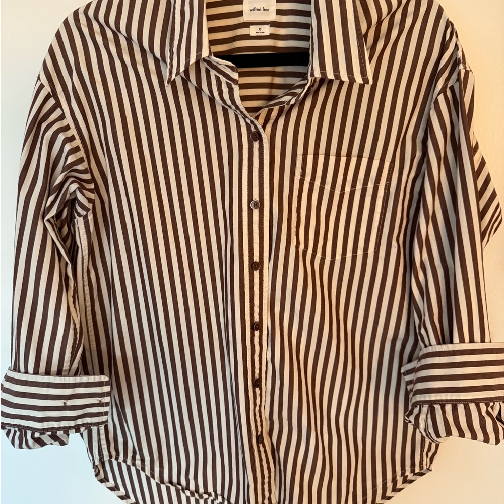 Aritzia Wilfred Oversized Brown and White Striped Button Down Shirt